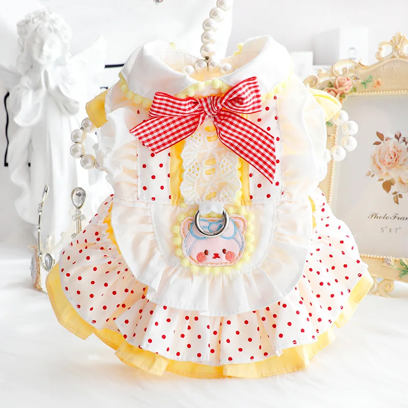 Ropa para perros primavera y verano vestido fino de princesa para gatos punto rojo oso amarillo tracción Lolita suministros para mascotas para perros pequeños - imagen 2