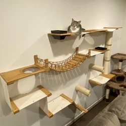 Estantes de madera para gatos con hamaca plataforma y rascador