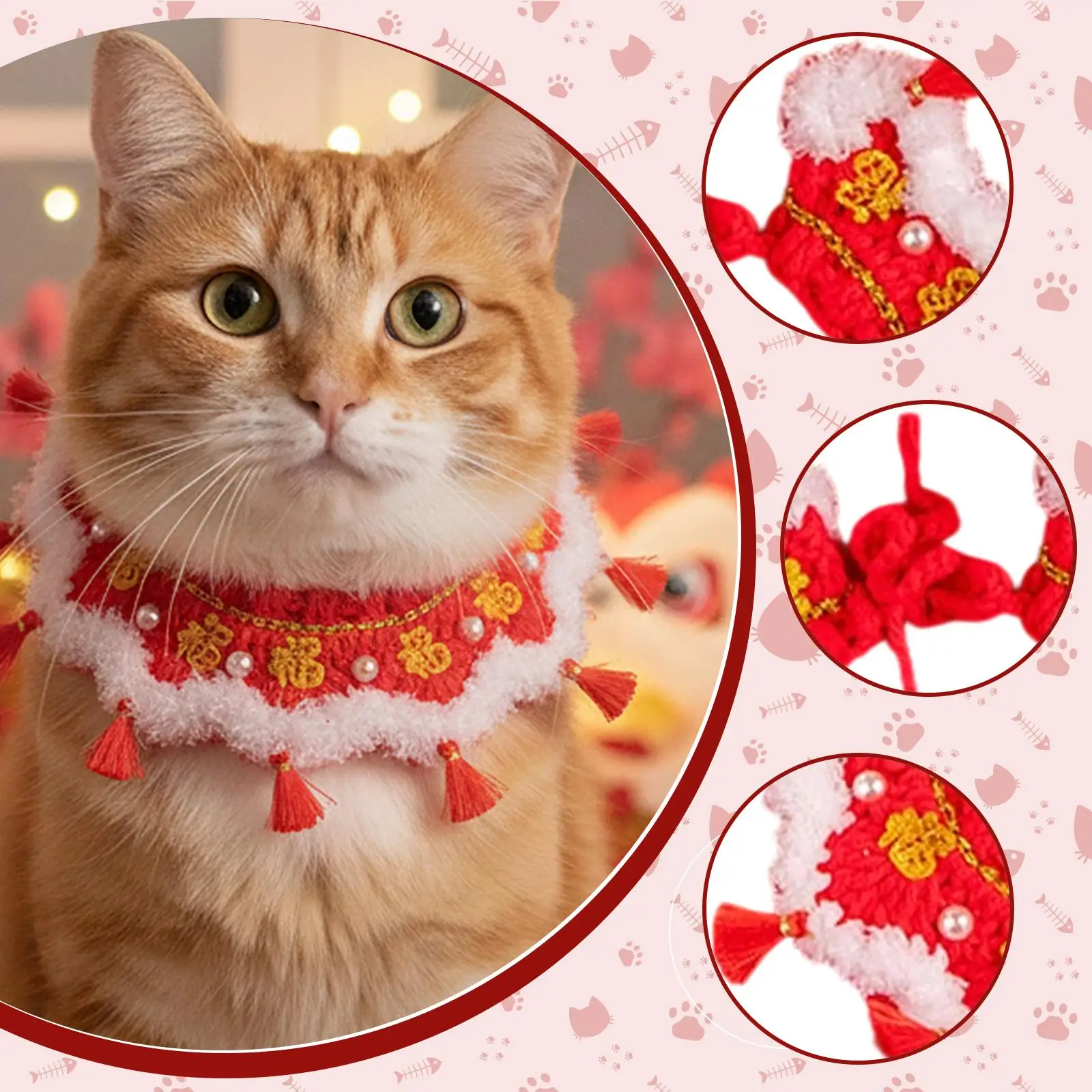 Collar de gato de Año Nuevo, accesorio de disfraz, accesorios para fotos, bufanda de collar de gatito ajustable para gato pequeño y mediano y gatito de perro - imagen 5