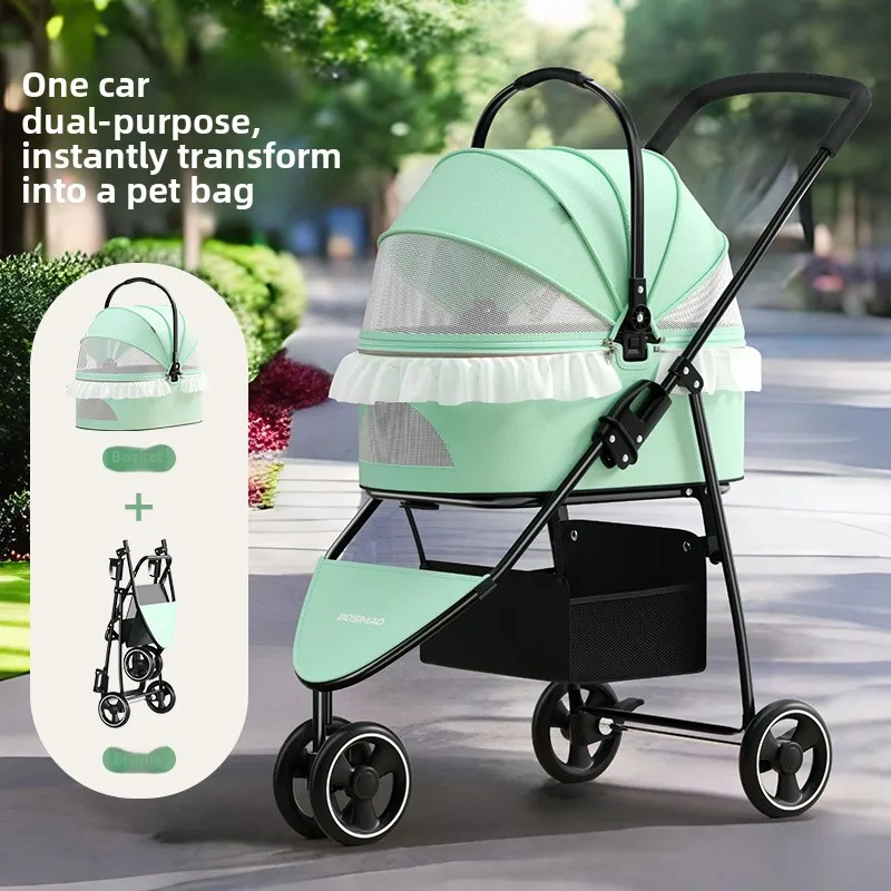 Carro para mascotas de tamaño pequeño y mediano, carrito para gatos y perros, cochecito decorativo de encaje plegable ligero y desmontable para mascotas - imagen 2