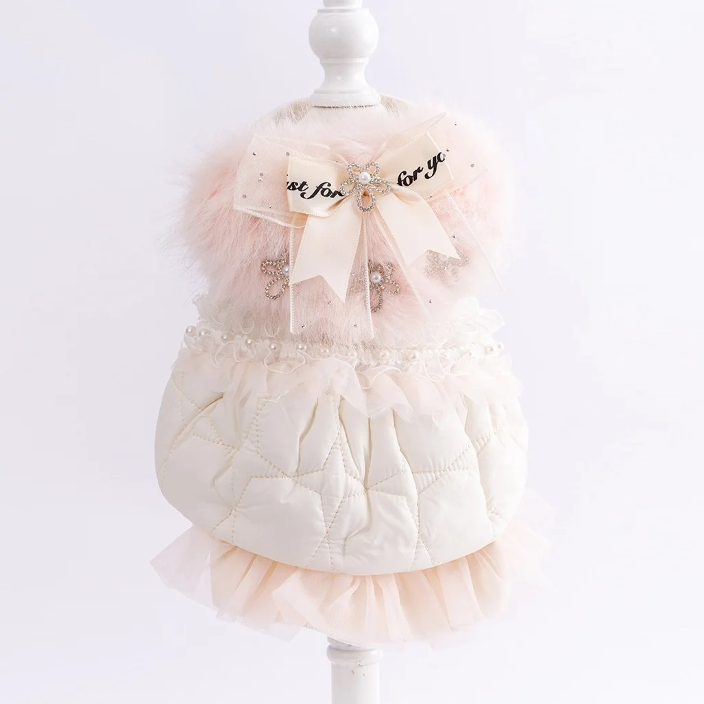 Abrigo lolita de encaje para perros pequeños, chaqueta rosa cálida de piel sintética de felpa, Abrigo acolchado de algodón con lazo para perros, ropa a prueba de viento