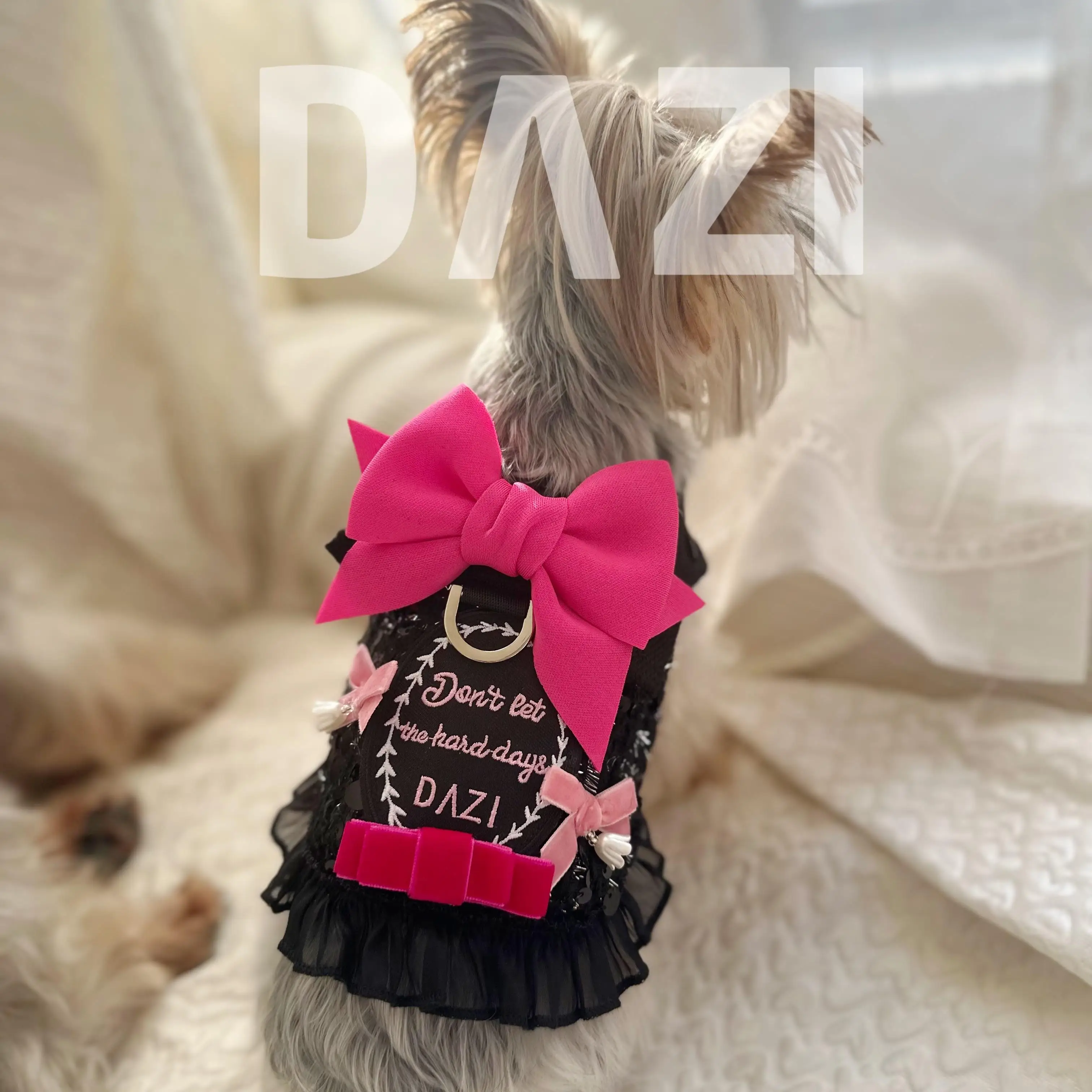 Conjunto de correa y arnés para perro de lujo, vestido de princesa negro con lazo, correa para el pecho de encaje, cuerda de plomo para caminar para cachorros para Schnauzer maltés - imagen 3