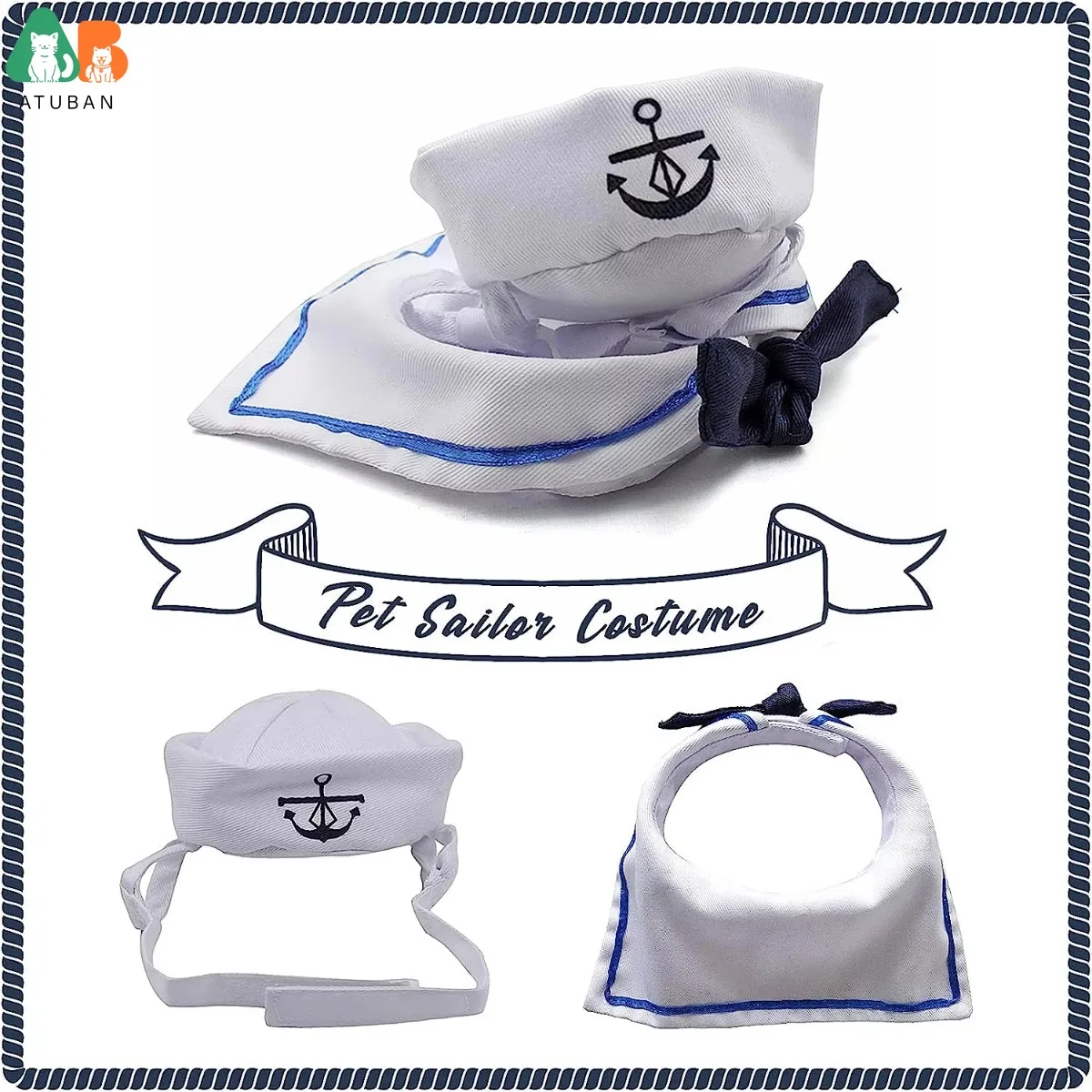 ATUBAN Disfraz de marinero para mascotas para gatos, perros pequeños, sombrero de marinero para gatos de Halloween con cuello de corbata, traje azul marino para cachorros, ropa de Cosplay - imagen 3
