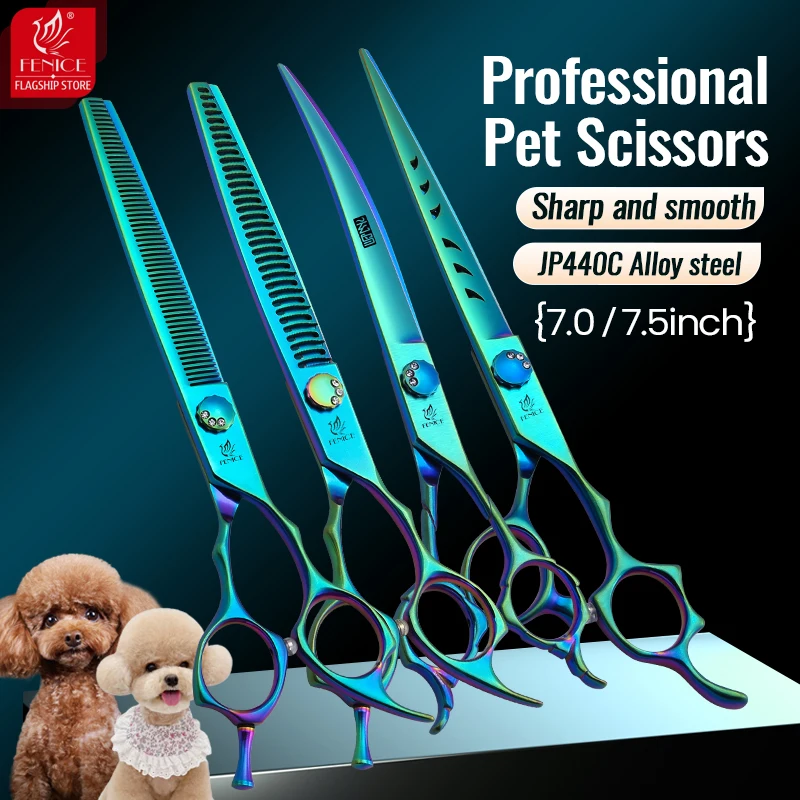 Fenice JP440C 7/7,5 pulgadas profesional mascotas perros tijeras de aseo Kits recto curvo Thinnier Chunker tijeras juego para perros