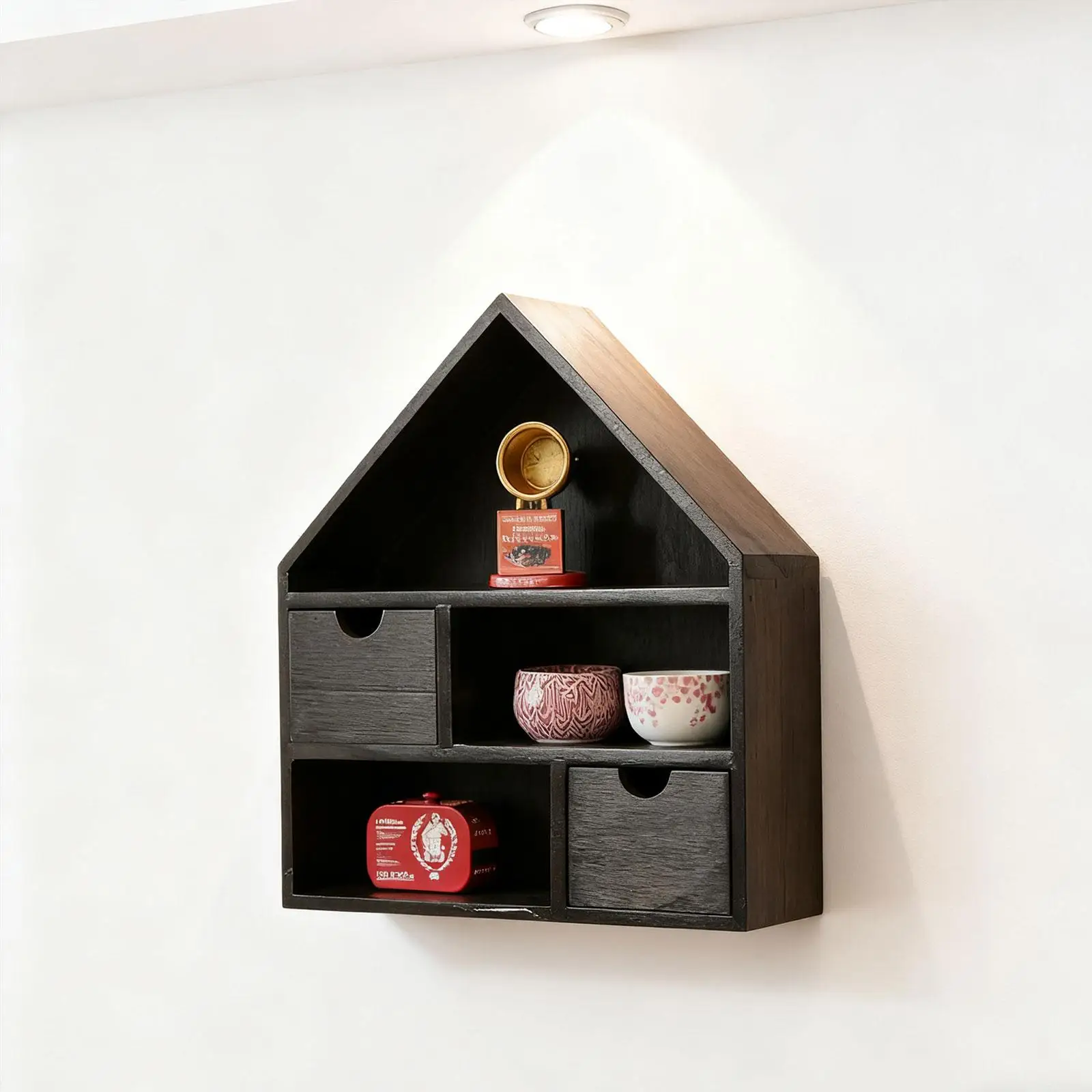 Gabinete de curiosidades montado en la pared, caja de madera colgante, caja de cubículo de sombra de madera en forma de casa para recuerdo