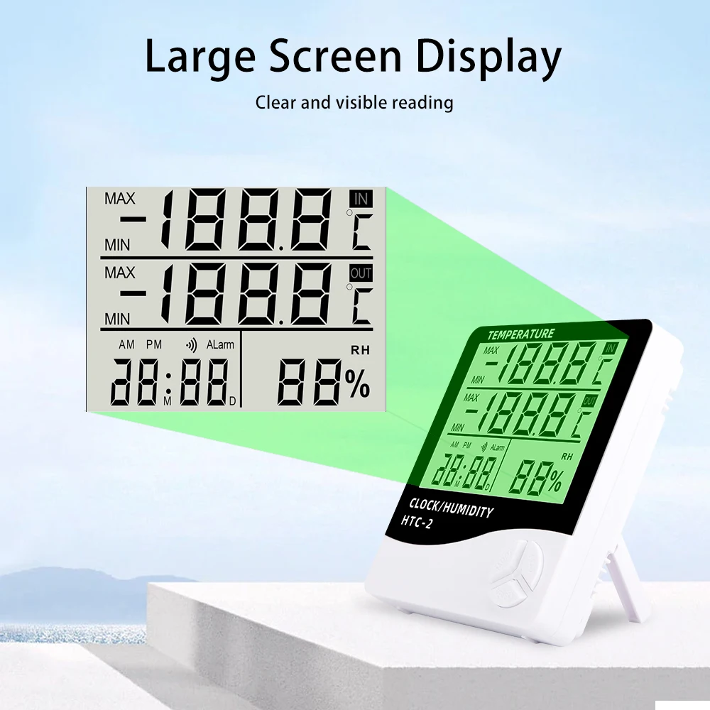HTC-1 HTC-2 Termómetro electrónico Despertador LCD Medidor de temperatura y humedad Reloj de estación meteorológica interior con higrómetro digital - imagen 3