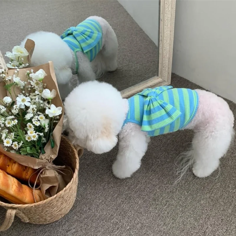Falda de princesa con lazo para perro, ropa de verano para mascotas, bonito vestido con tirantes para cachorro, vestidos de gato a rayas a la moda, ropa para perros Chihuahua - imagen 4