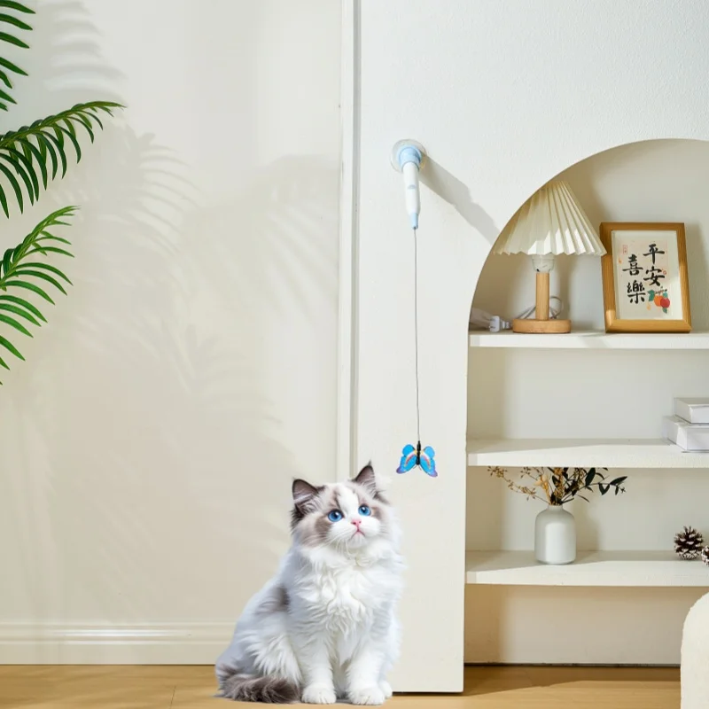 BOOTEELY, ventosa eléctrica, juguete para gatos, mariposa, juguete para gatos voladores, juguete para gatos autoentrenante, varilla larga, juguete para gatos de alambre de acero - imagen 2