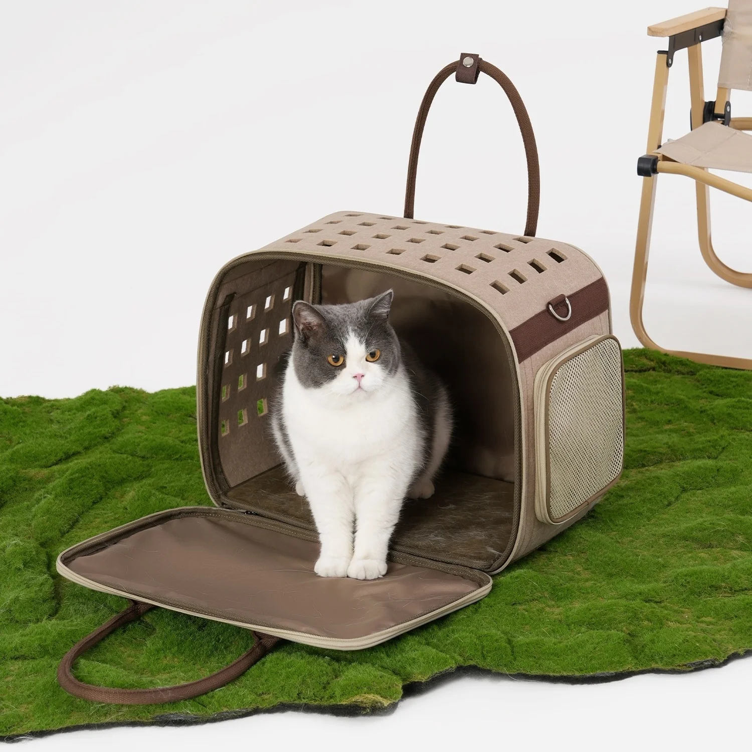 Transportín de lujo para mascotas, bolsa para mascotas de gran capacidad para perros y gatos, bolsa transportadora plegable de cara suave para gatos, bolsa portadora para perros, bandolera marrón - imagen 2