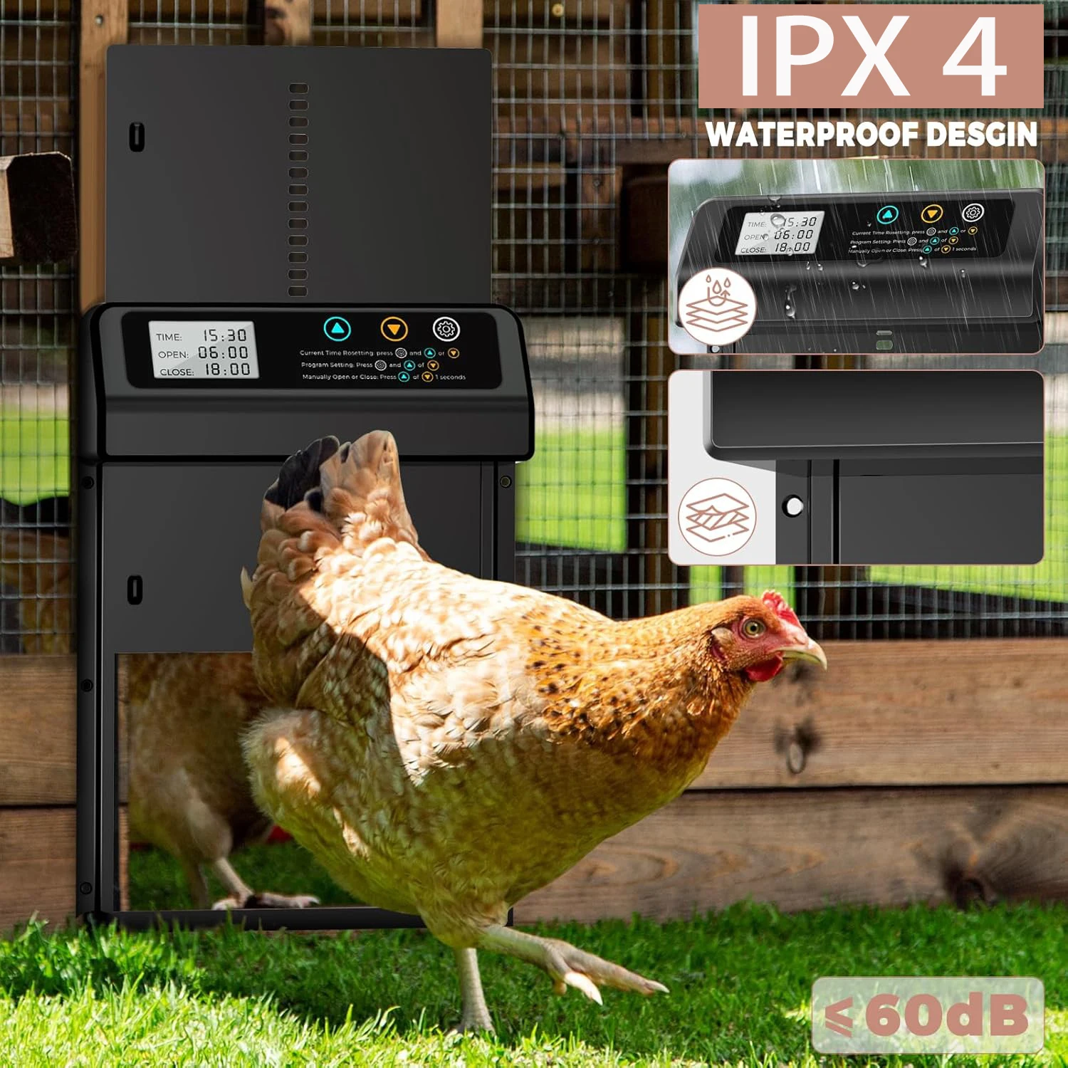 Puerta automática gallinero: temporizador LCD antipellizco para pollos