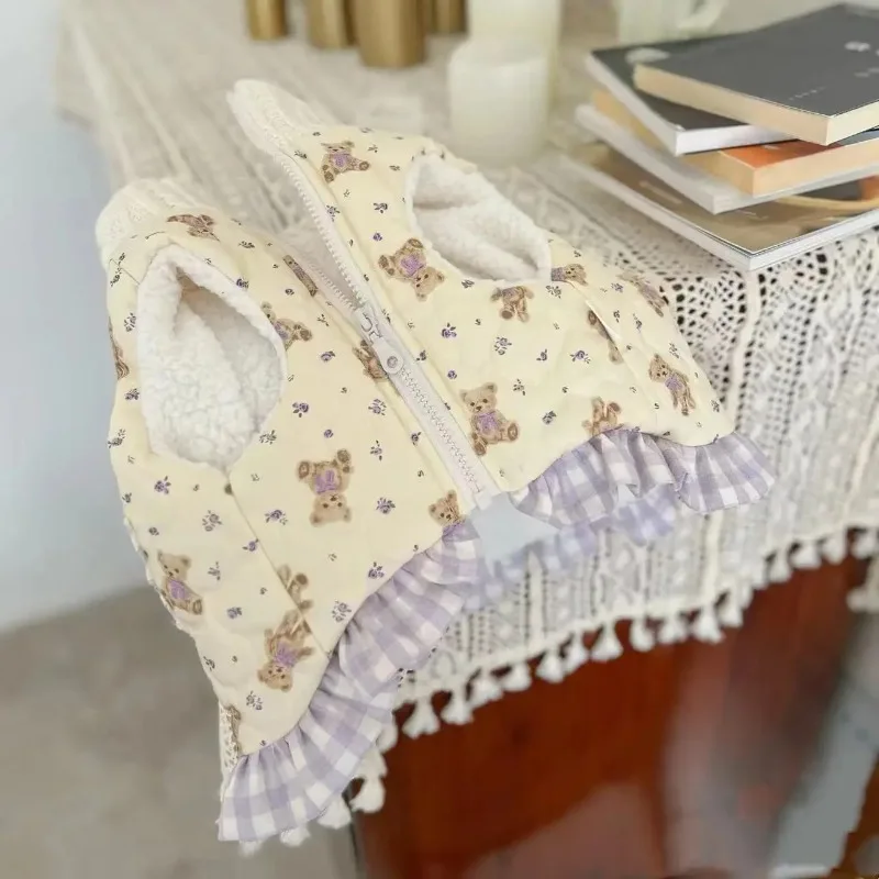 Abrigo Floral de encaje a cuadros para mascotas, Parkas de invierno para perros, camisa Base con lazo más grueso, chaquetas de osos de peluche, ropa para cachorros pequeños - imagen 2