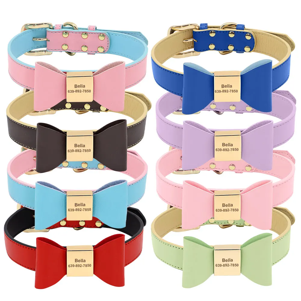 Collar personalizado con nombre de perro, Collar con lazo de cuero PU suave para cachorros y gatos, collares de identificación antipérdida para perros pequeños, medianos y grandes - imagen 3