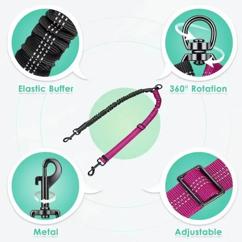 Correa doble para perro de 16 pies de largo, correas dobles para entrenamiento para perros pequeños y grandes, correa ajustable, elástica que absorbe los golpes - imagen 5