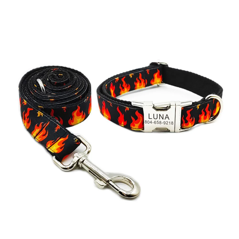 Collar de mascota con patrón de fuego personalizado, etiqueta de identificación de cachorro, ajustable, accesorio para gato, negro, básico, Correa