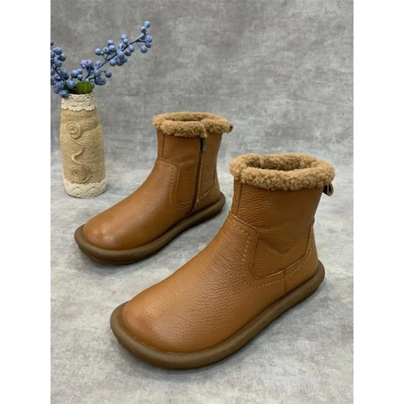 Botas de nieve Retro con cremallera y forro de Fce para mujer, botas intermedias de cuero y piel para otoño e invierno - imagen 3