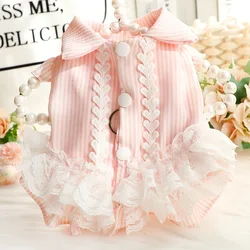 Vestido empalmado de malla de primavera para mascotas, camisa fina a rayas de princesa para gatos, Top de peluche de encaje para perros pequeños, ropa para cachorros pequeños