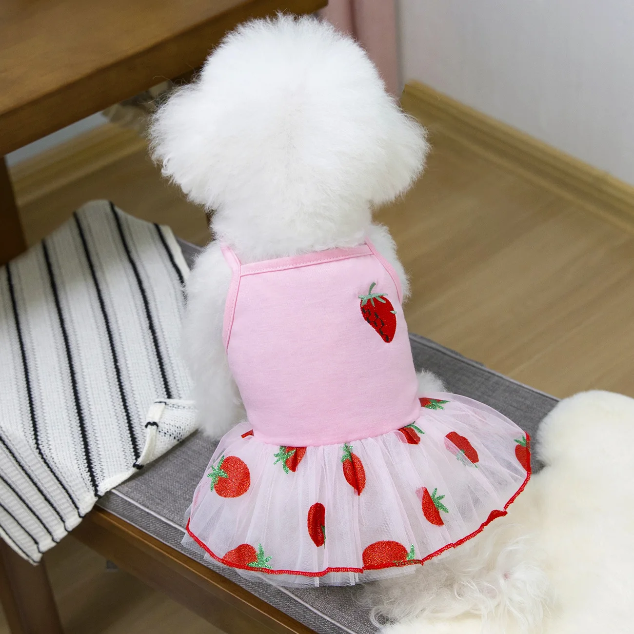 Vestido de malla de fresa para mascotas, vestido de princesa de primavera/verano, falda abombada con tirantes de verano para perros pequeños, ropa para perros pequeños - imagen 3