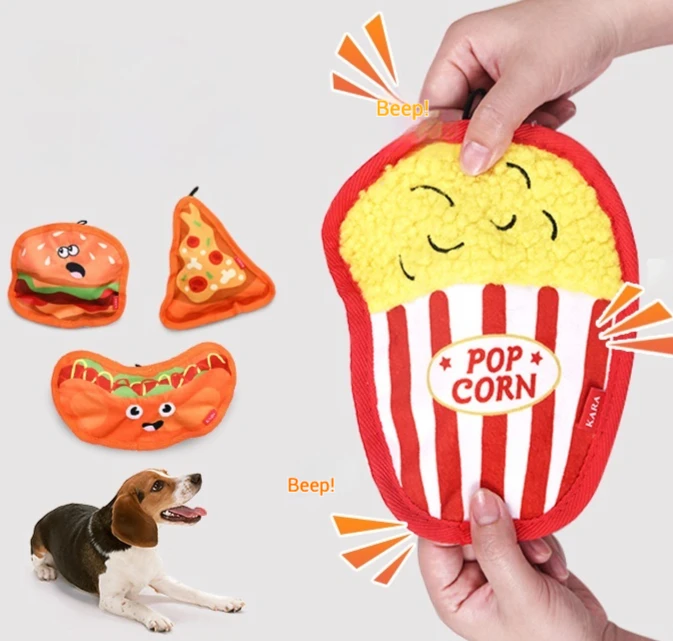 Lindos juguetes chirriantes para perros de comida rápida, hamburguesa masticable suave, Pizza, perro caliente, palomitas de maíz, juguete para perros, diseño seguro y duradero resistente a las mordeduras