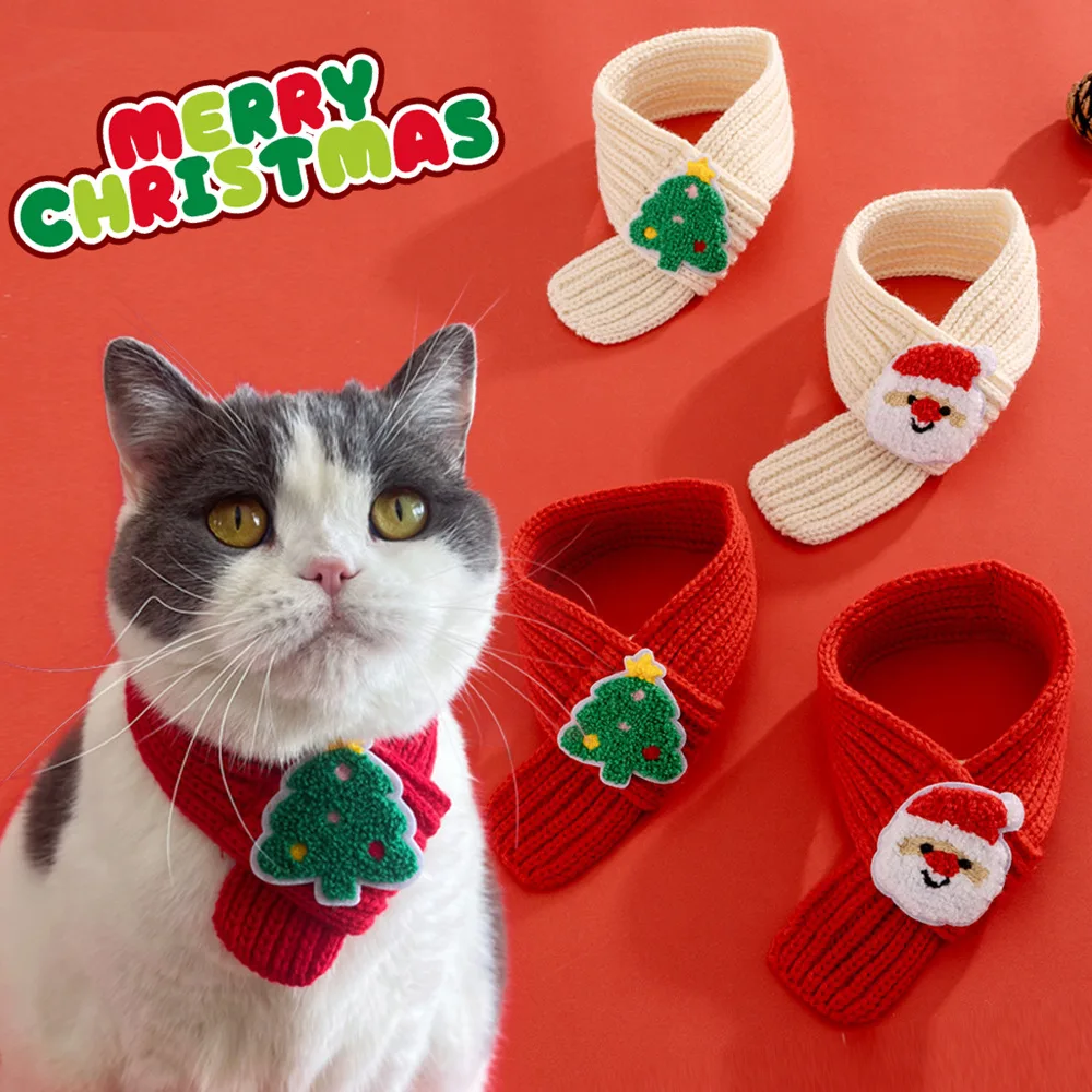 Cat Christmas Decoration Scarf Dog Christmas Tree Scarf Knitted Warm Yarn Accessory Drool Towel Puppy Accessories