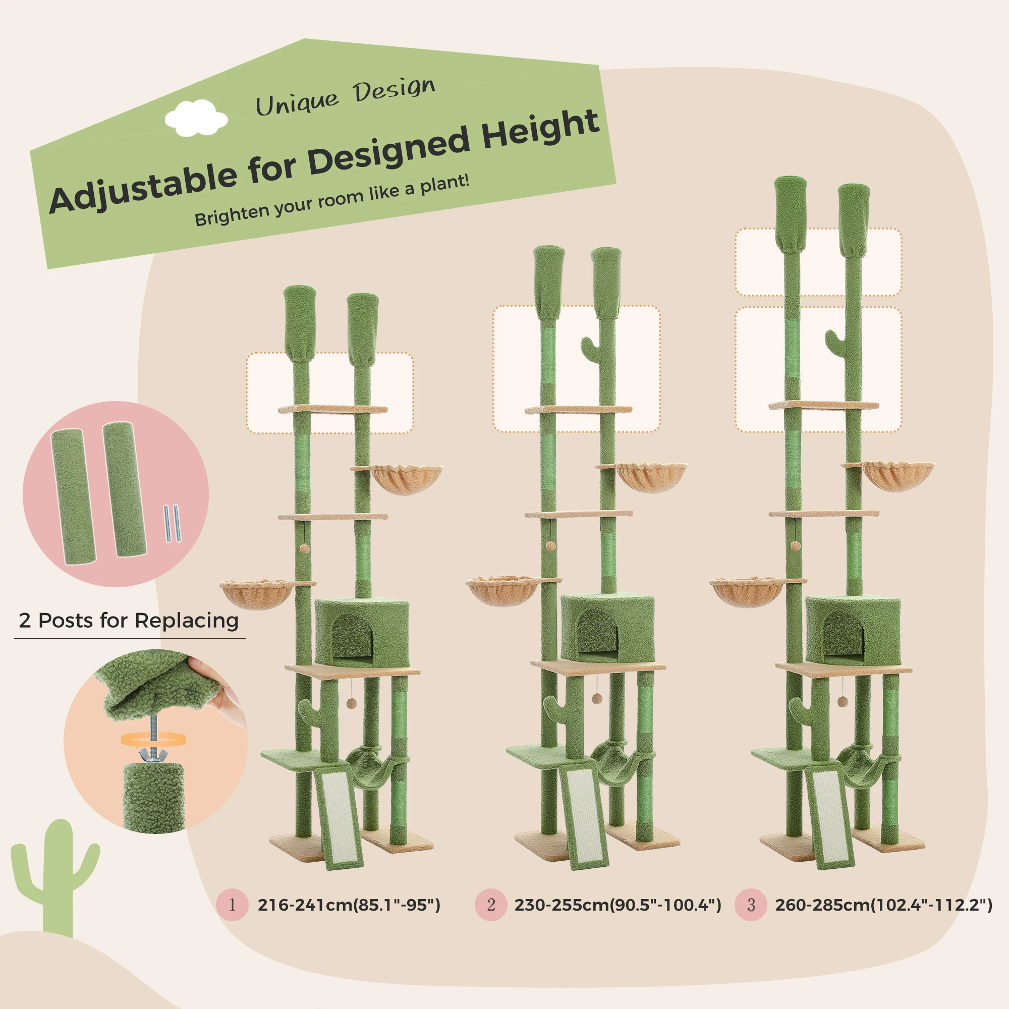 Árbol para gatos de cactus, torre para gatos de piso a techo, árbol trepador para gatos de 7 niveles con hamacas y condominios acogedores, 5 plataformas, postes para rascar - imagen 5