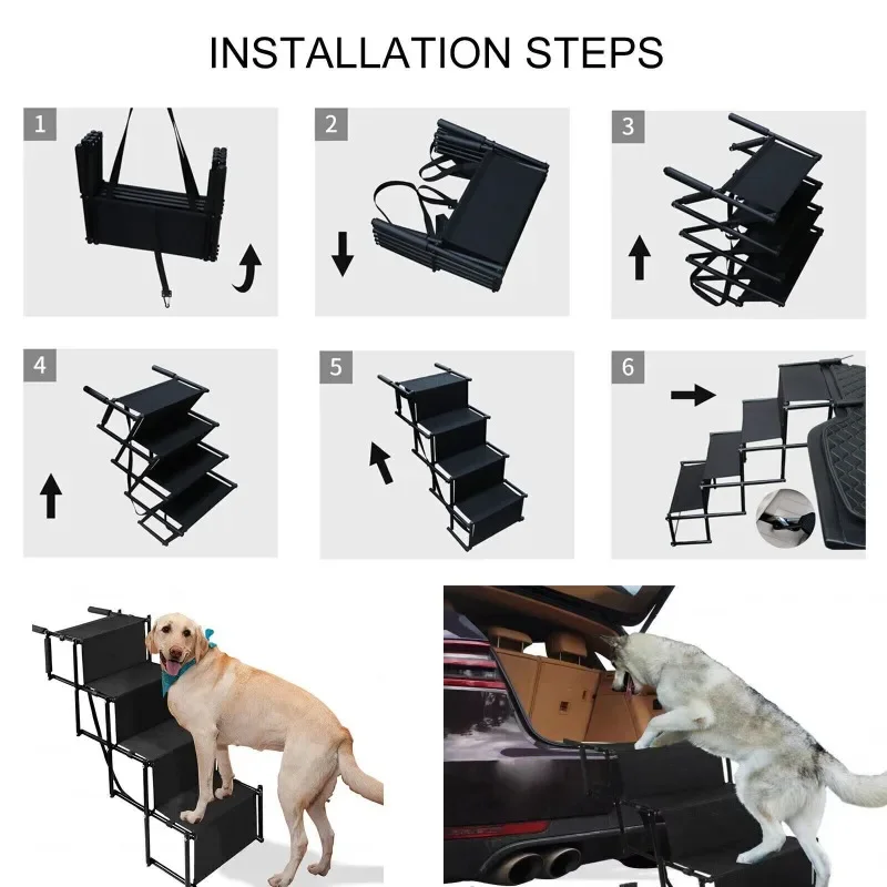 Rampas plegables portátiles para perros, 4 escalones, coche, SUV, camión, antideslizantes, duraderas, Metal fundido a presión, rampa para mascotas, escalera con correa - imagen 5