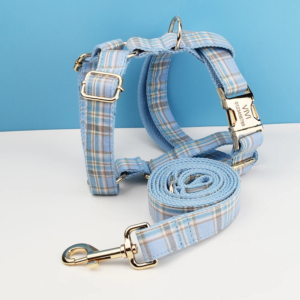Conjunto collar y correa para perro con placa personalizada a cuadros - imagen 3