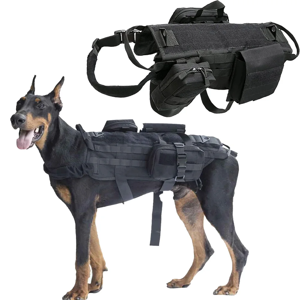 Arnés para perros grande de estilo militar con correa, bolsas MOLLE y mango reforzado, equipo de servicio para perros para entrenamiento y senderismo al aire libre