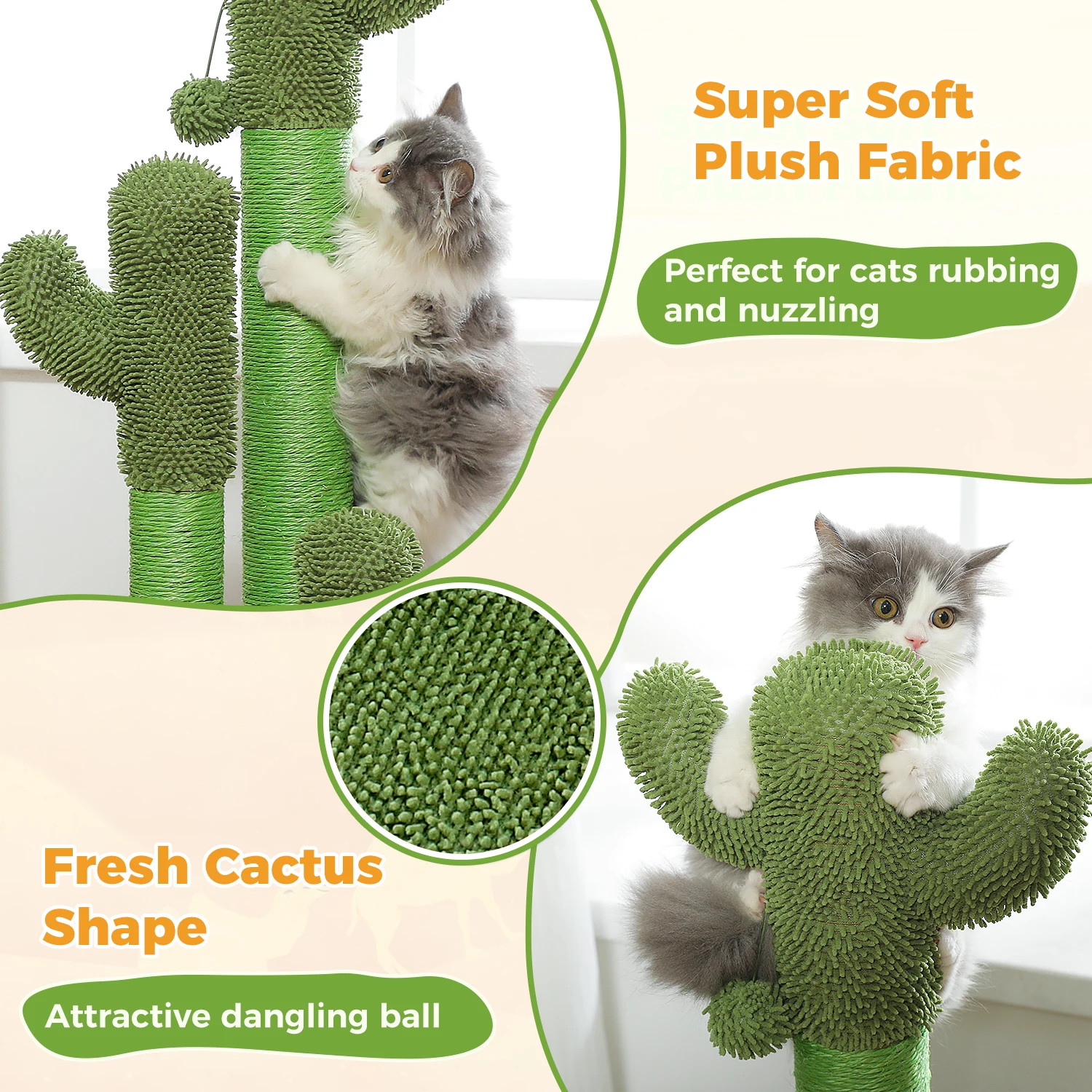 Poste rascador para gatos de Cactus con bola colgante interactiva y 3 postes rascadores naturales, rascador para gatos de Cactus, muebles para gatos, árbol para gatos - imagen 2