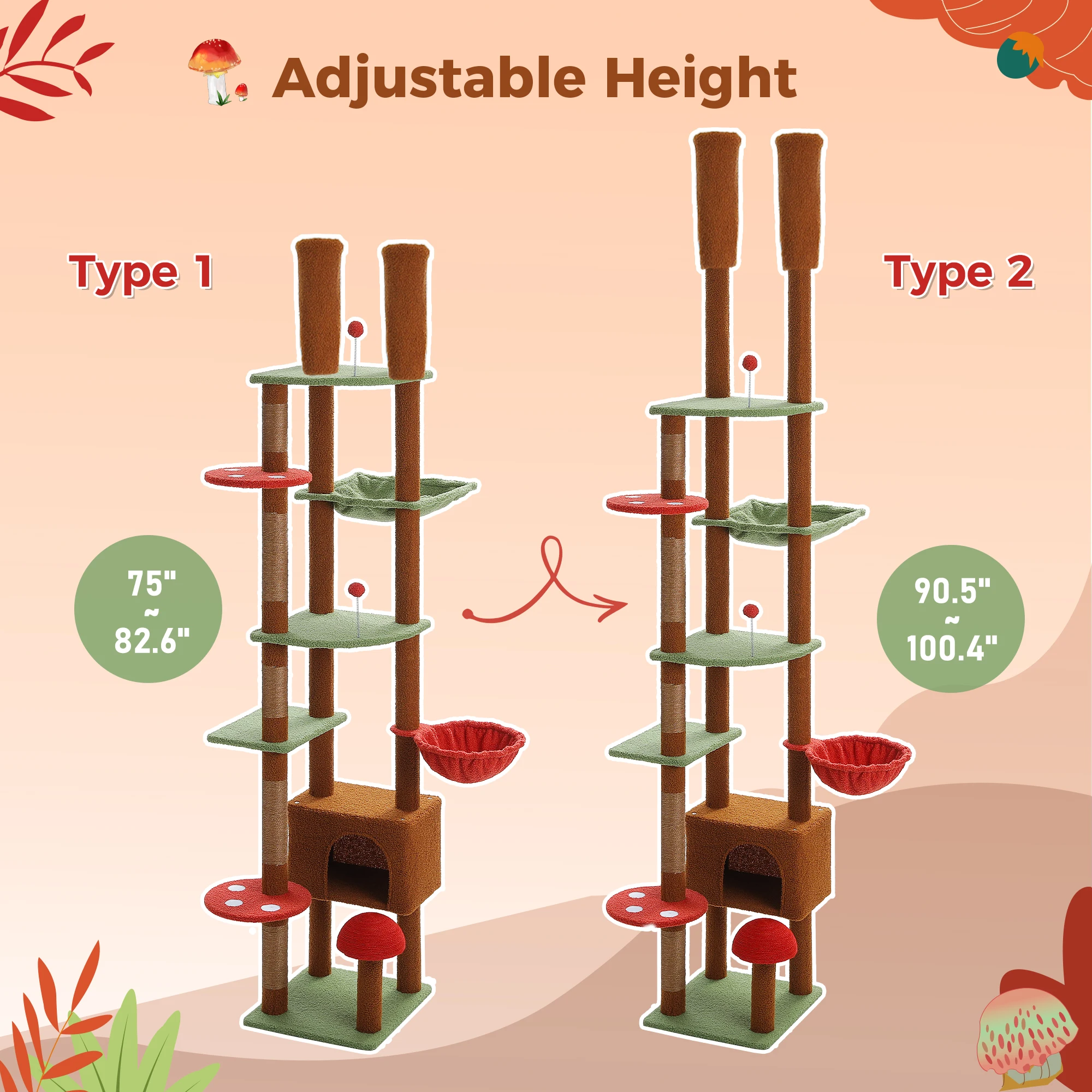 Árbol para gatos de piso a techo, torre para gatos, altura ajustable con condominio para gatos, hamaca acogedora y poste para rascar, árbol de actividades altas con borde - imagen 5