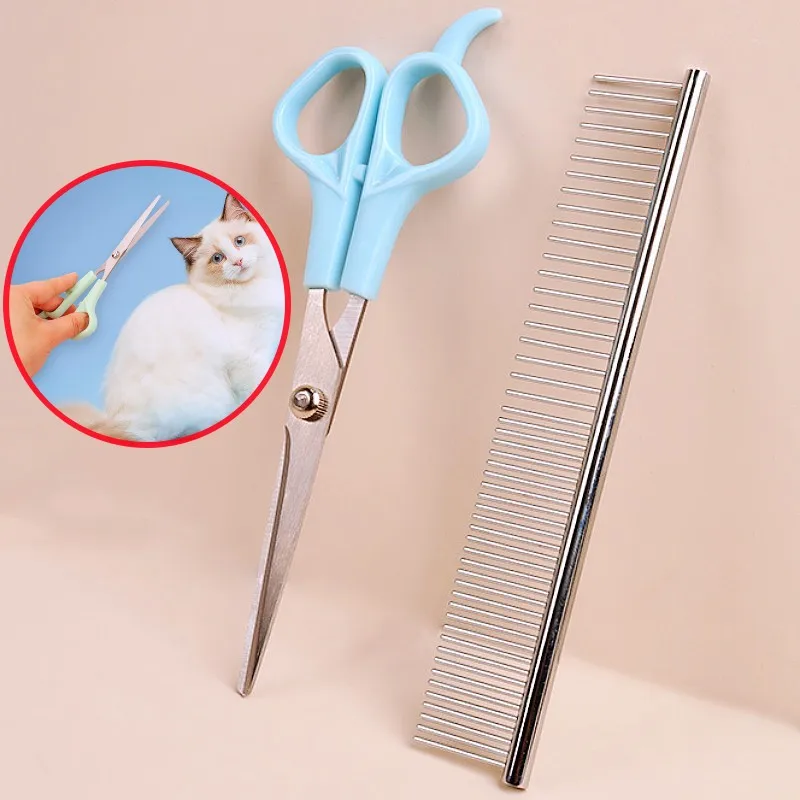 Juego de tijeras y peine para perros, cepillo para perros de acero inoxidable, removedor de pelo para mascotas, recortador de pelo para perros, peine para el cuidado de perros, tijeras, 2 uds., suministros para mascotas