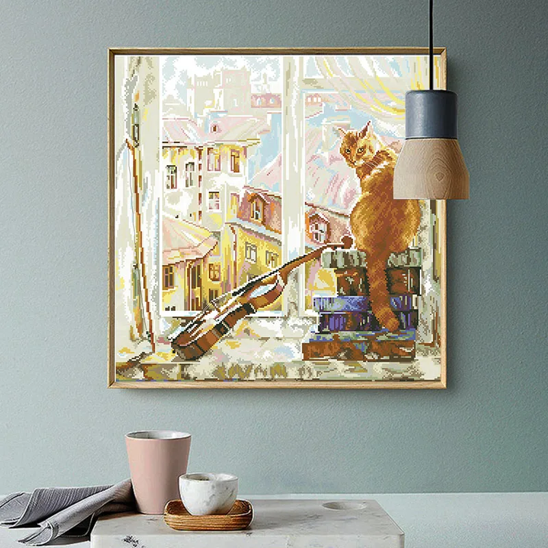 Kit de patrones de punto de cruz de gato a la ventana, juegos de costura sin imprimir, lienzo para bordado, 11 14CT, pintura artesanal para decoración del hogar - imagen 3