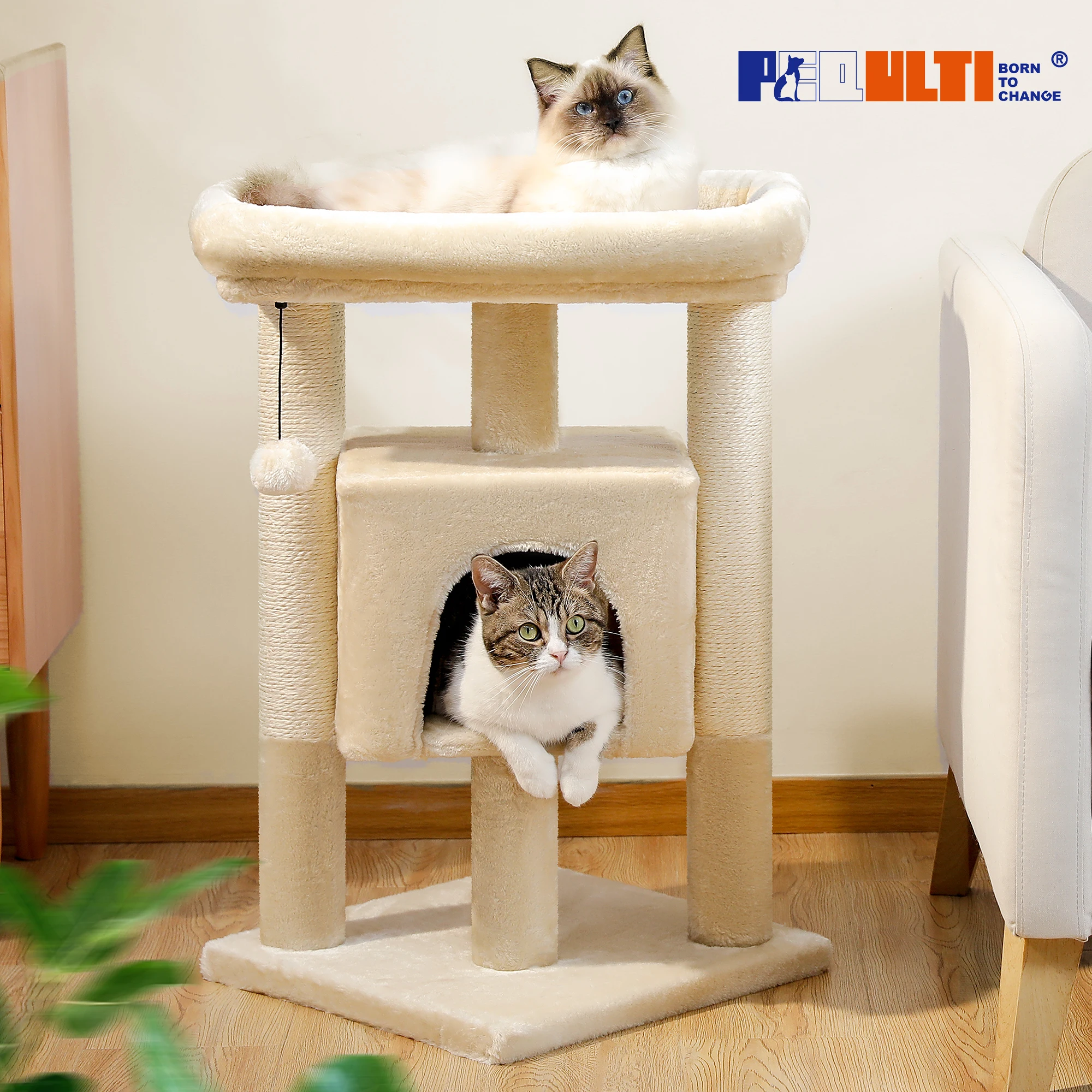 Torre pequeña de árbol para gatos con postes rascadores de Sisal Natural, percha superior suave y pompón de felpa, acogedora cama para gatos, juguetes de interior - imagen 4