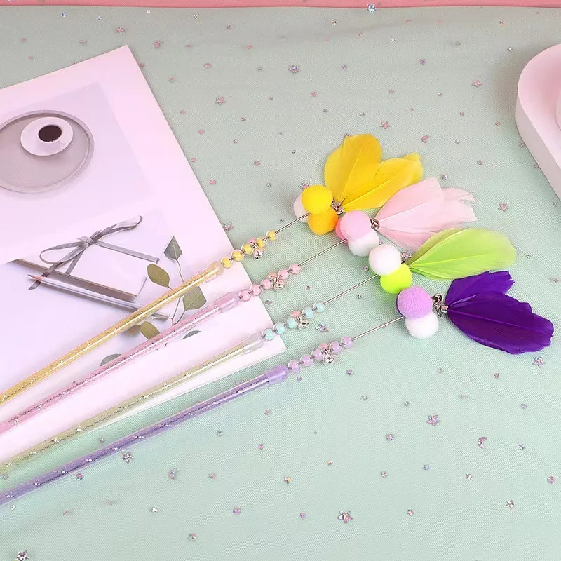Juguete interactivo de plumas para gatos, palo de bola de lana, mango largo, suministros para mascotas - imagen 3