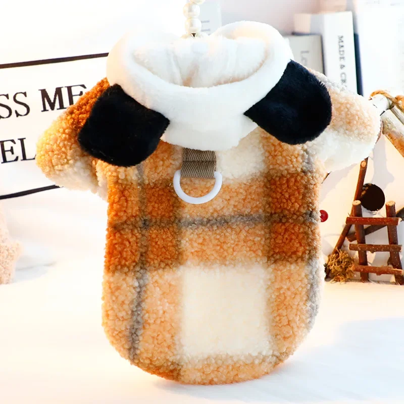 Traje de Otoño Invierno para mascotas, abrigo a cuadros de lana de cordero, Sudadera gruesa con capucha de lana de partículas de gato, bonita tracción, perro pequeño, mascota de peluche - imagen 3