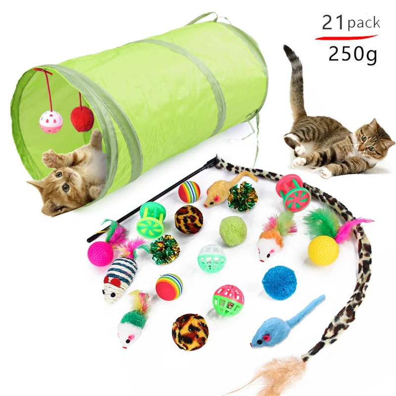 Paquete variado de juguetes para gatitos, juego combinado de juguetes para gatos, palo divertido para gatos, bola de campana para ratón de Sisal, suministros de túnel de juego plegables para gatos