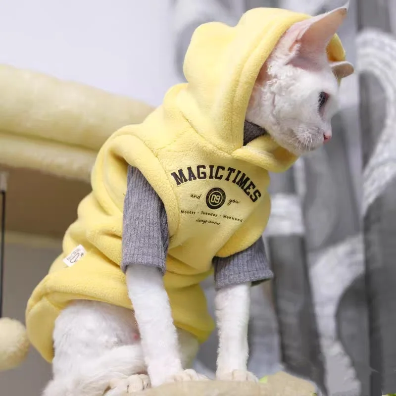 Sudadera gruesa con capucha de lana amarilla para Sphynx Cat, abrigo gris de manga corta para Devon en invierno, ropa de descanso suave para gatitos - imagen 3