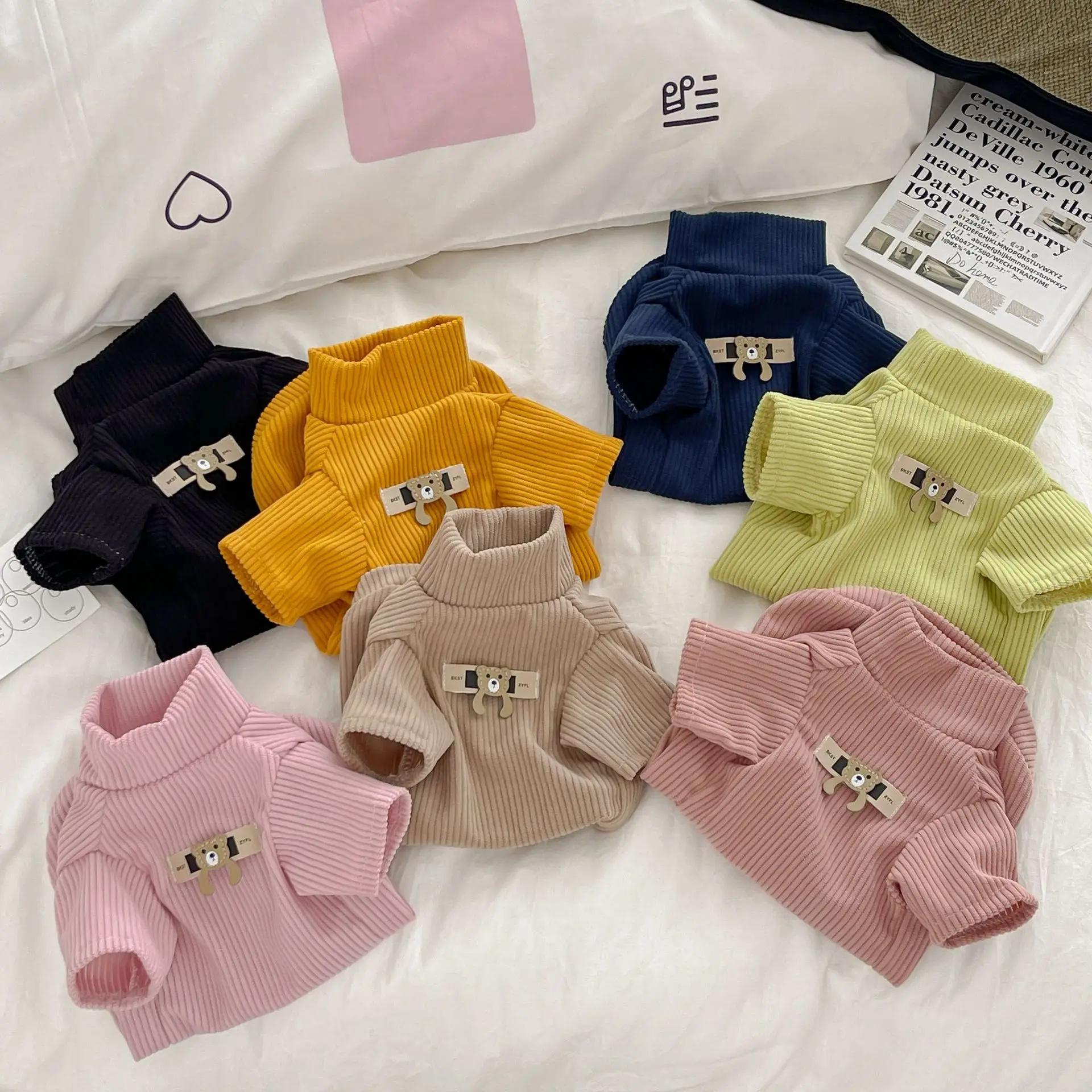 Pet Otoño Invierno gato cuello alto manga Base suéter de pana Sudadera con capucha de otoño ropa para perros pequeños ropa para cachorros