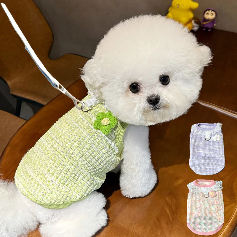 Chaleco tejido para mascotas de otoño, chaqueta con cuello de encaje y flores para perros, suéter de Yorkshire para perros pequeños y gatos, ropa para cachorros pequeños