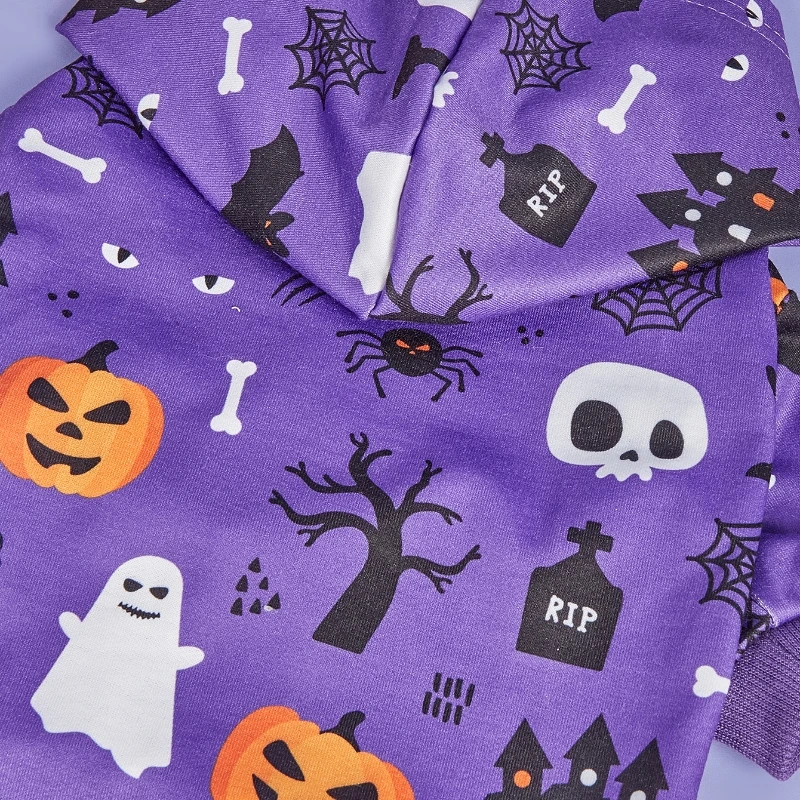 Sudadera con capucha de Halloween para mascotas con estampado de calabaza, murciélago y calavera, sudadera con capucha morada, disfraces para perros pequeños, sudaderas con capucha para mascotas, ropa cálida para mascotas - imagen 5