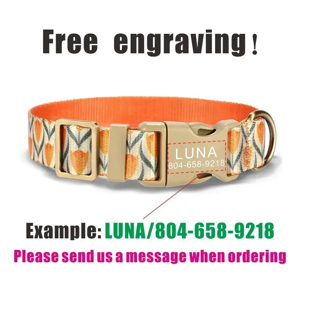 Collar de perro personalizado con grabado gratuito, correa para mascotas a juego, hebilla de contactos personalizados, Collar para mascotas de tulipanes - imagen 4