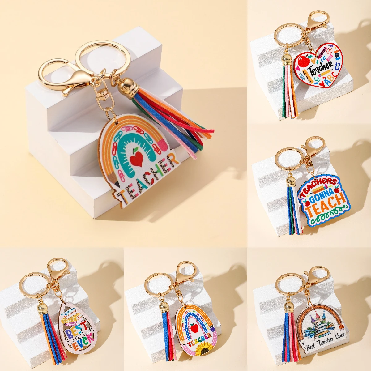 Llavero creativo en forma de corazón de arcoíris para profesores, marca de madera geométrica, borla de cuero PU, colgante de bolso, llavero de coche, 1 unidad