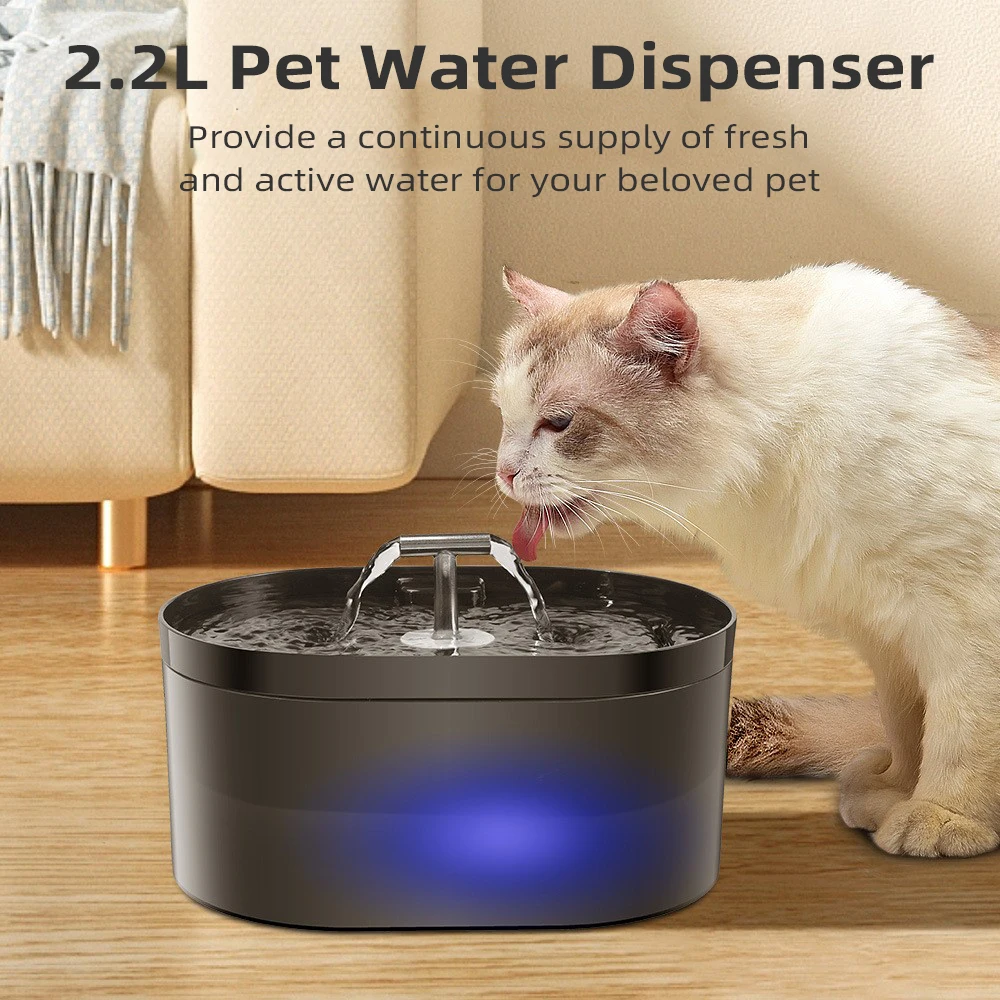 Fuente de agua para gatos de 2,2 L, bebedero inteligente para mascotas con filtro, luz LED de carbón activado para gatos y perros