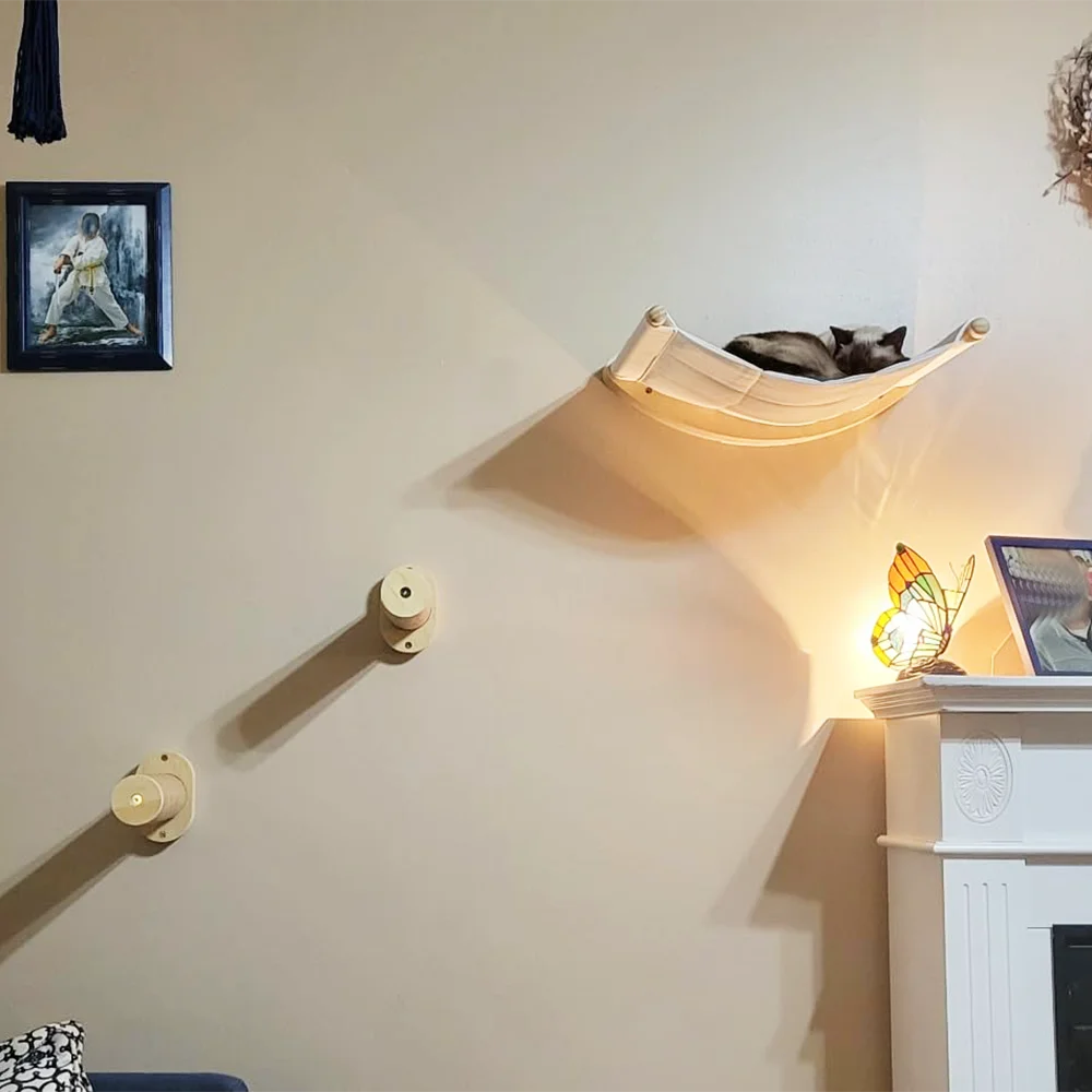 Estante de pared para gatos, estante de madera para gatos, hamaca para gatos, escalones para gatos de 4 niveles, muebles antideslizantes montados en la pared para gatos, adecuados para jugar