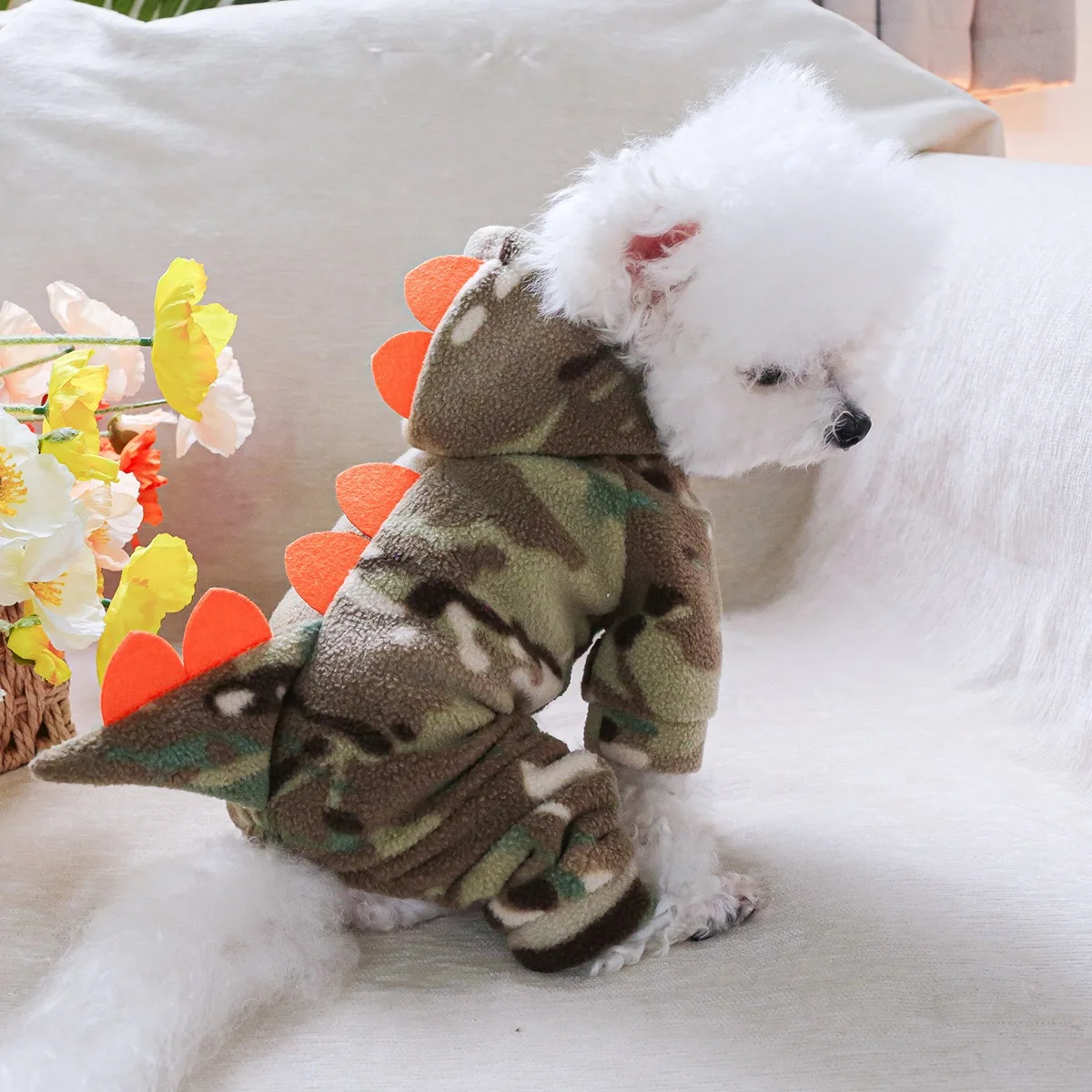 Ropa de invierno de camuflaje para perro, dinosaurio, Cosplay, fiesta de Halloween, sudadera de gato de cuatro patas, Bulldog Francés, trajes cálidos para cachorro - imagen 4