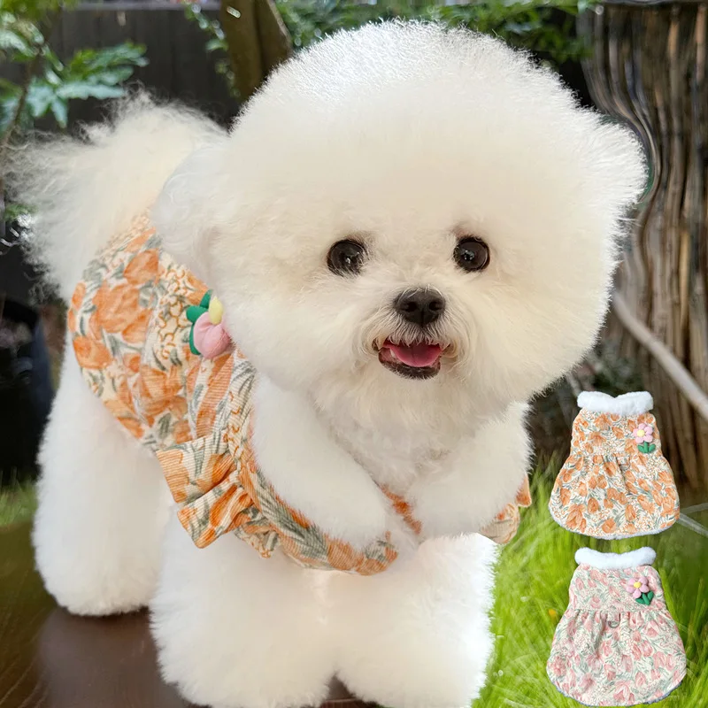 Vestido de cachorro de flores, ropa para mascotas de tulipán, vestido de algodón de peluche, falda cálida de invierno, abrigo de algodón grueso para perros con hebilla de tracción - imagen 2