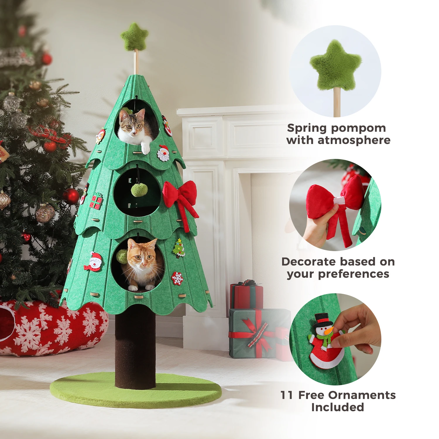 Torre de árbol de Navidad para gatos con 3 condones y pompones acogedores, casa para gatos de varios niveles, cama para gatos de interior, muebles modernos para gatos, juguetes para gatos - imagen 3