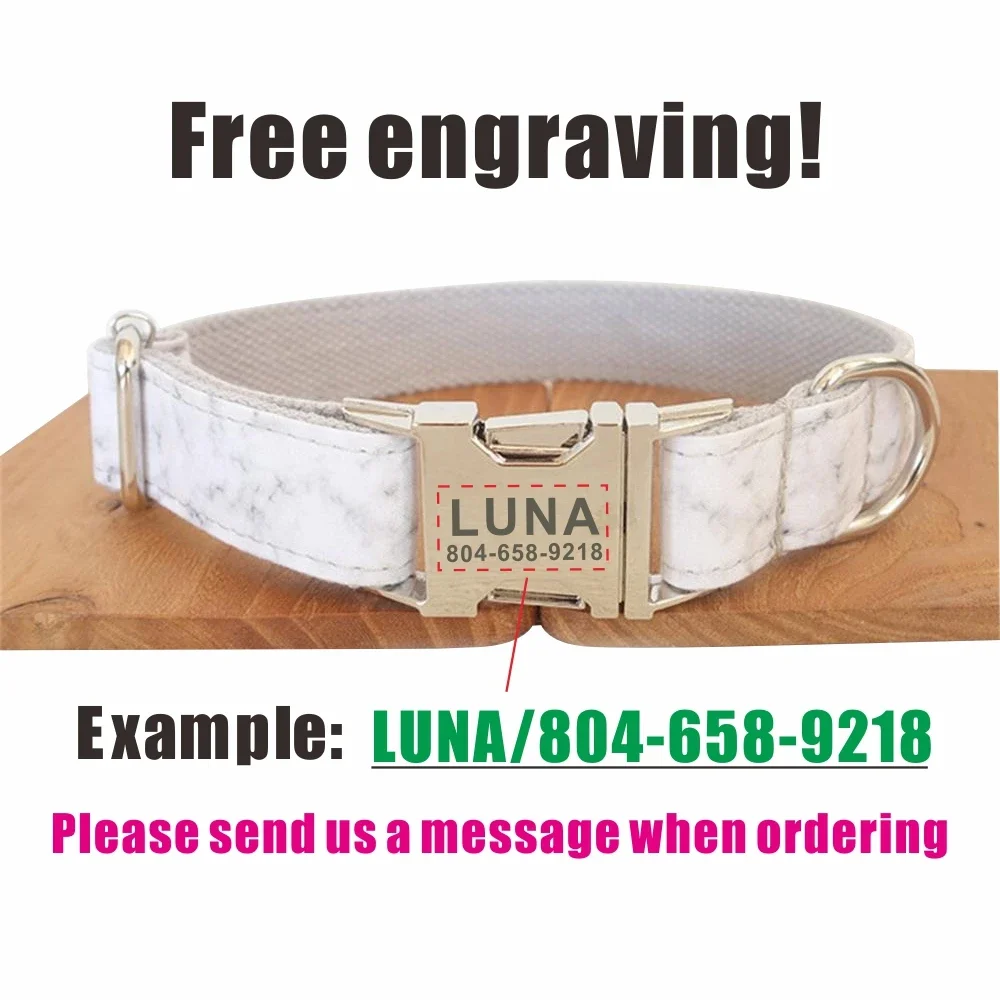 Collar personalizado de marmoleado blanco para mascotas, etiqueta de identificación de cachorro, accesorio ajustable para gato, collares básicos para perros, Correa - imagen 4