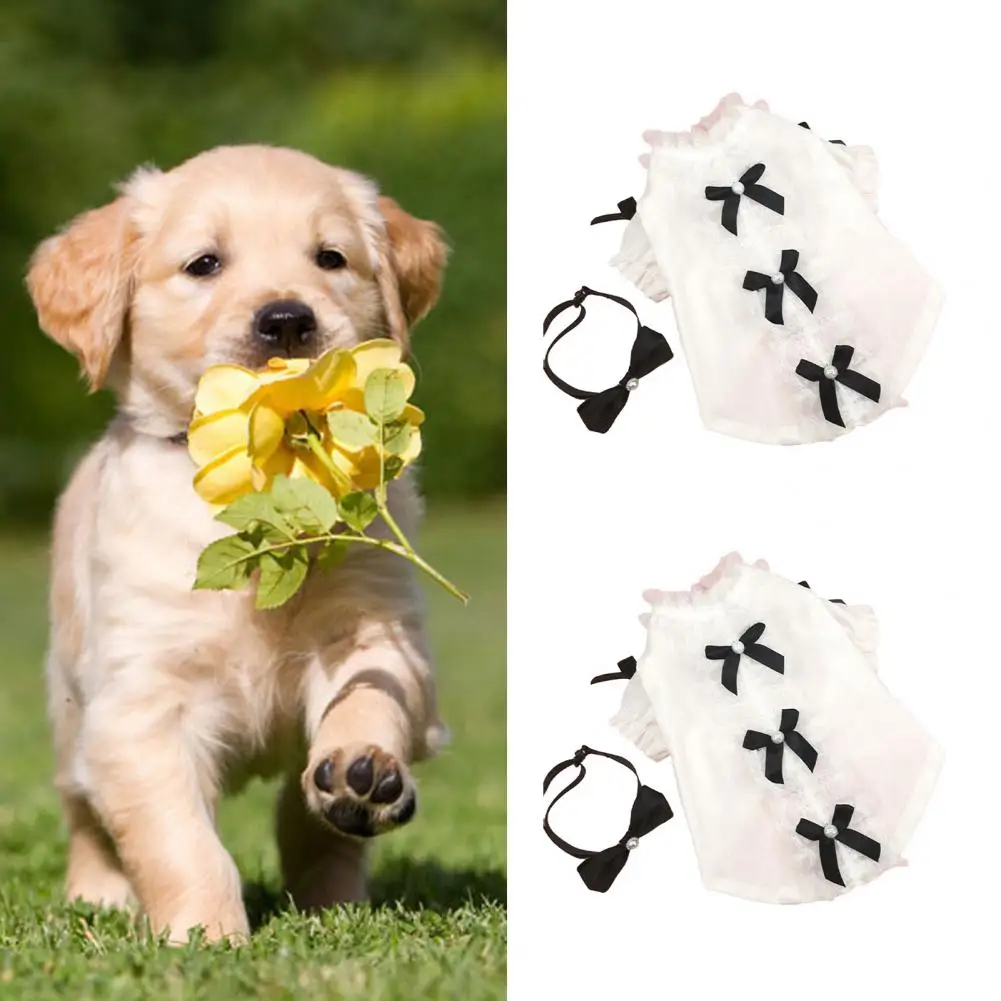 Camisa de verano para perro, traje con escote de encaje y lazo negro para cachorro, camiseta de manga corta con cierre de botón para gato, ropa encantadora para mascotas, ropa de uso diario - imagen 3