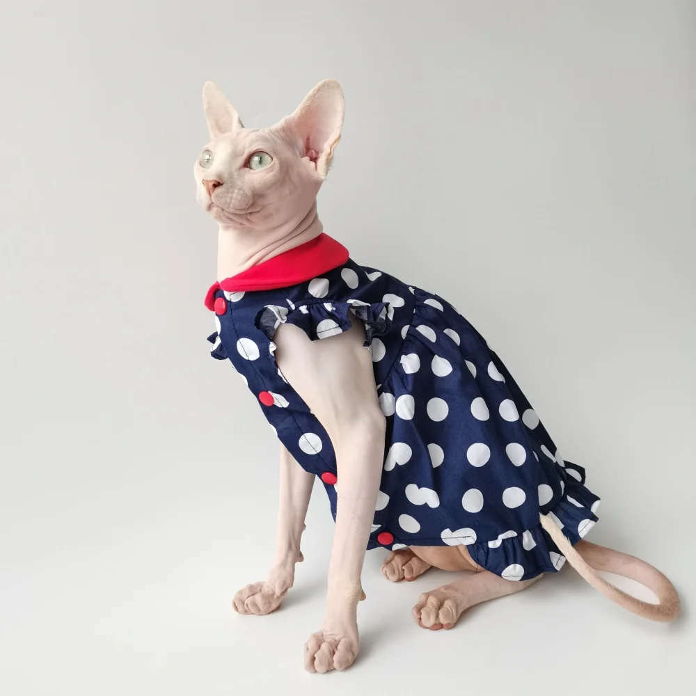 Vestido de princesa azul marino con cuello rojo fino de verano para gato esfinge Falda de lunares para Devon Camisa de tela fresca rizada para gata hembra - imagen 2