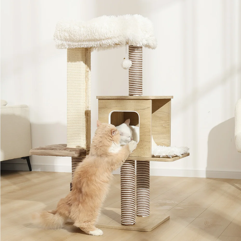 Árbol para gatos mediano de 42 pulgadas, modelo de escalera verde, marco de escalada para gatos, torre para gatos de varios niveles con poste rascador para gatos, perca acogedora para gatos